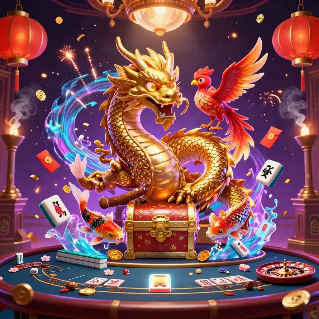 Dragão dourado com fênix e koi, com elementos de cassino neon roxo e azul.