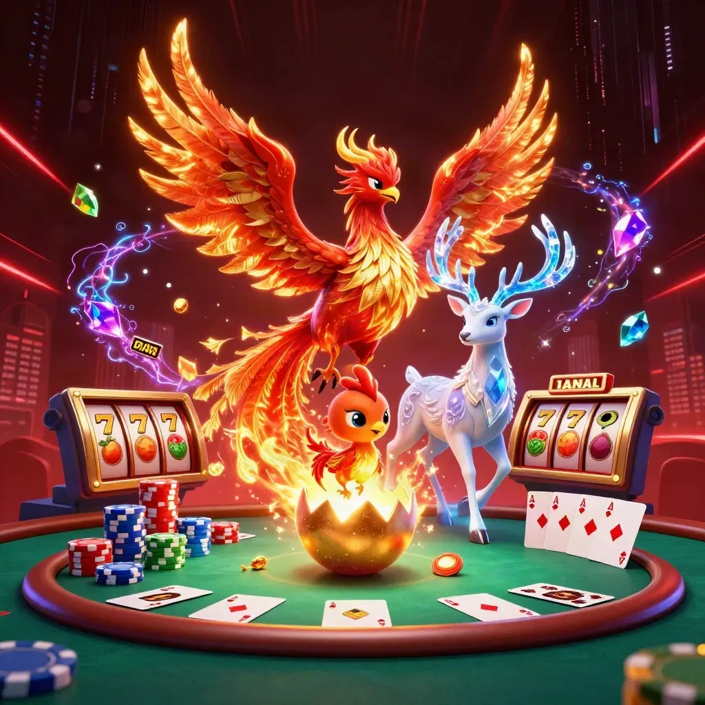 Fênix de fogo, filhote e cervo místico cercados por fichas e energia neon.